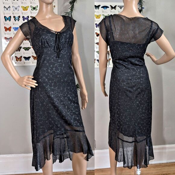 NWT Vintage 90s y2k Rampage Midi Dress Black Glitter Fairy Whimsygoth XL - Picture 1 of 13